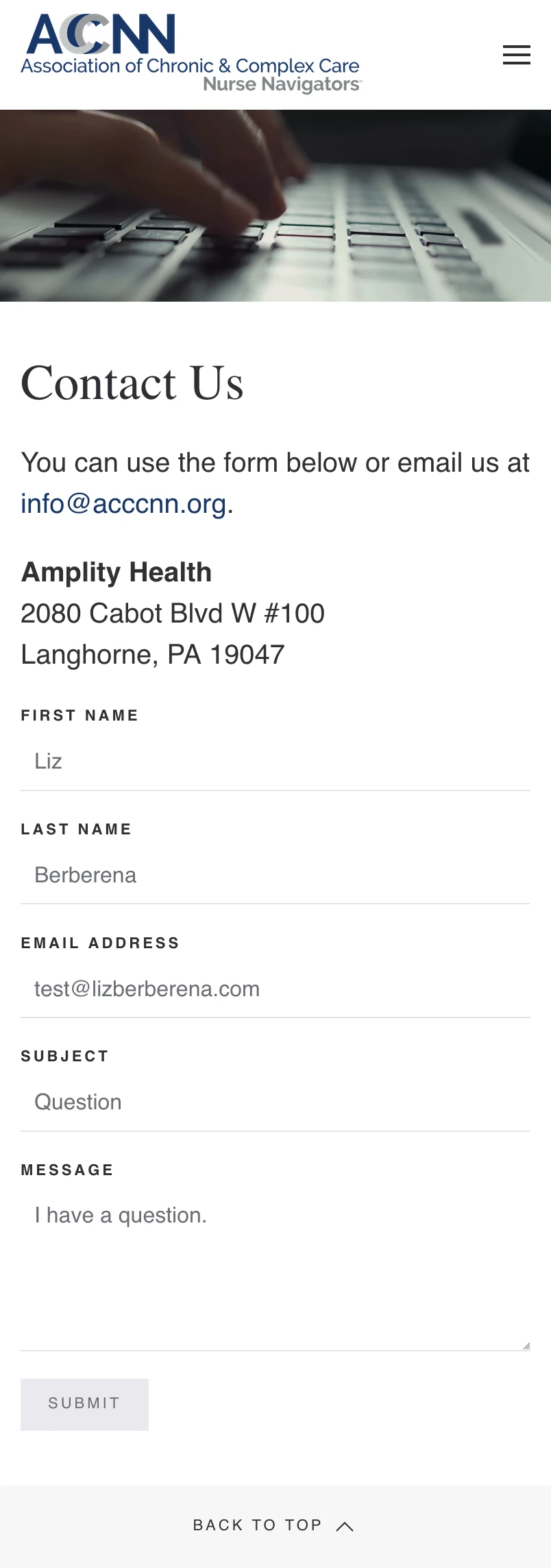 ACCCNN Contact Page on Mobile